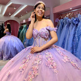 Lavender Tulle Quinceanera Dress Off-Shoulder Ball Gown with Beaded Lace & Butterfly Appliques for Sweet 16 & Princess Evening Gowns